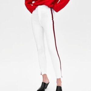Zara high-waisted white skinny jeans red/black stripe